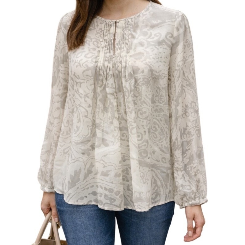 Cabi 834 Floral Keyhole Pleat Long Sleeve Peasant Top Ivory Gray Sheer Size S